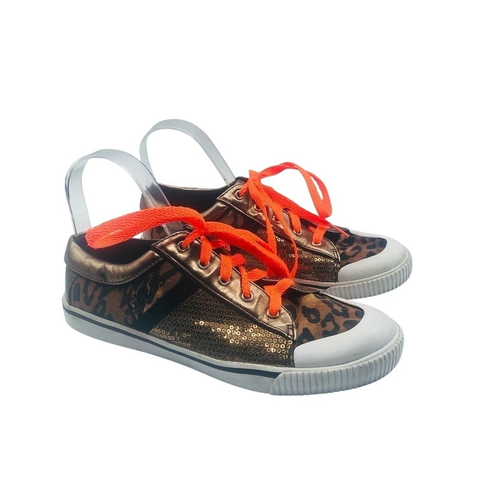 Guess women's animal print‎ sneakers with fluorescent orange laces size 8 M